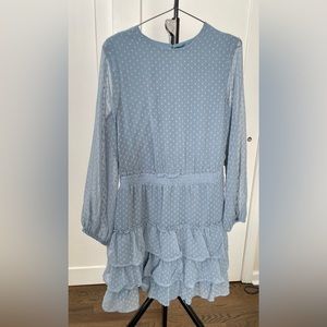 Express short dress; ruffles;Size M;Blue/powder blue;long sleeves; polyester